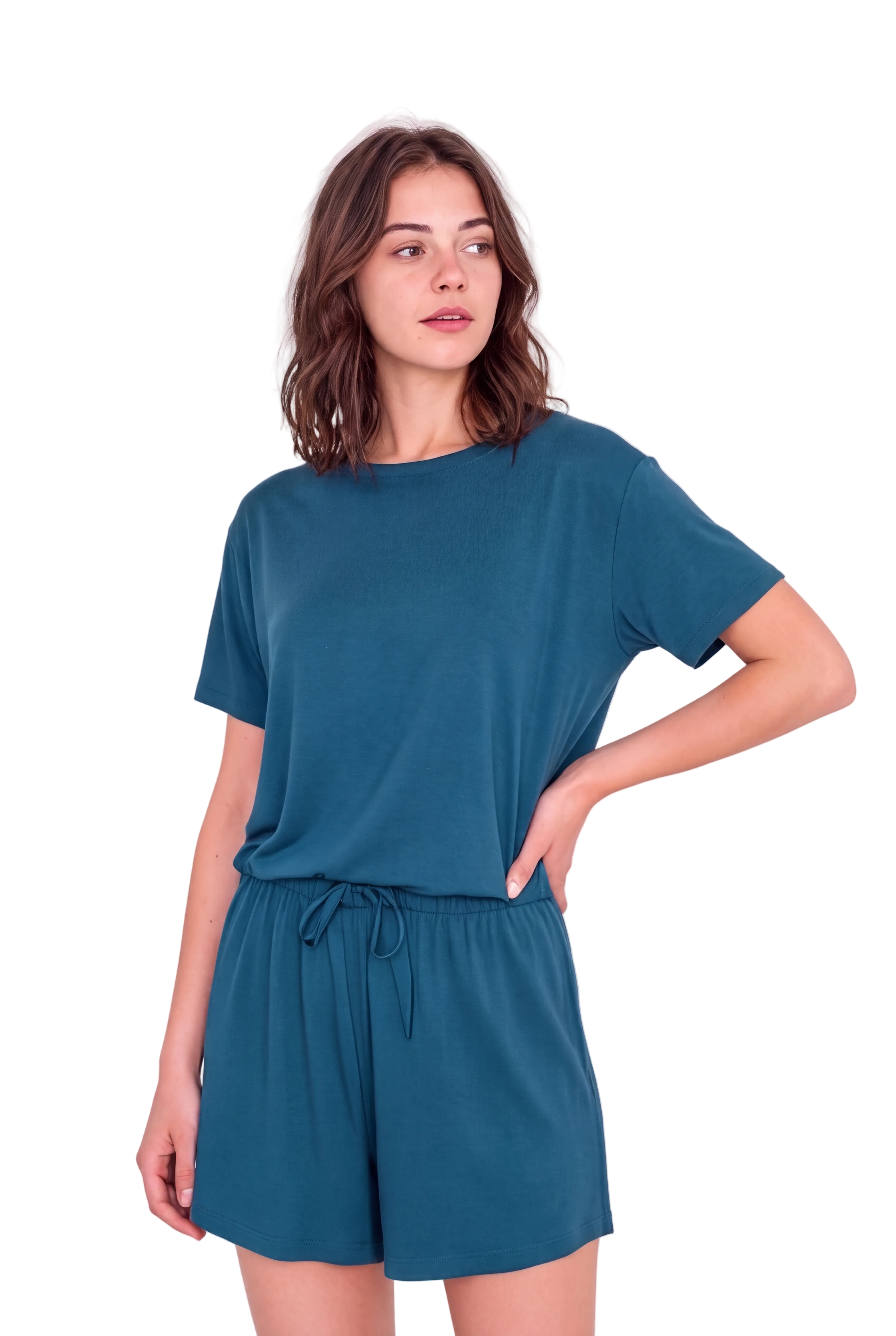 A woman modeling a matching two-piece lounge set consisting of a short-sleeve crewneck t-shirt and drawstring shorts in a solid teal blue-green color, set against a plain light background.