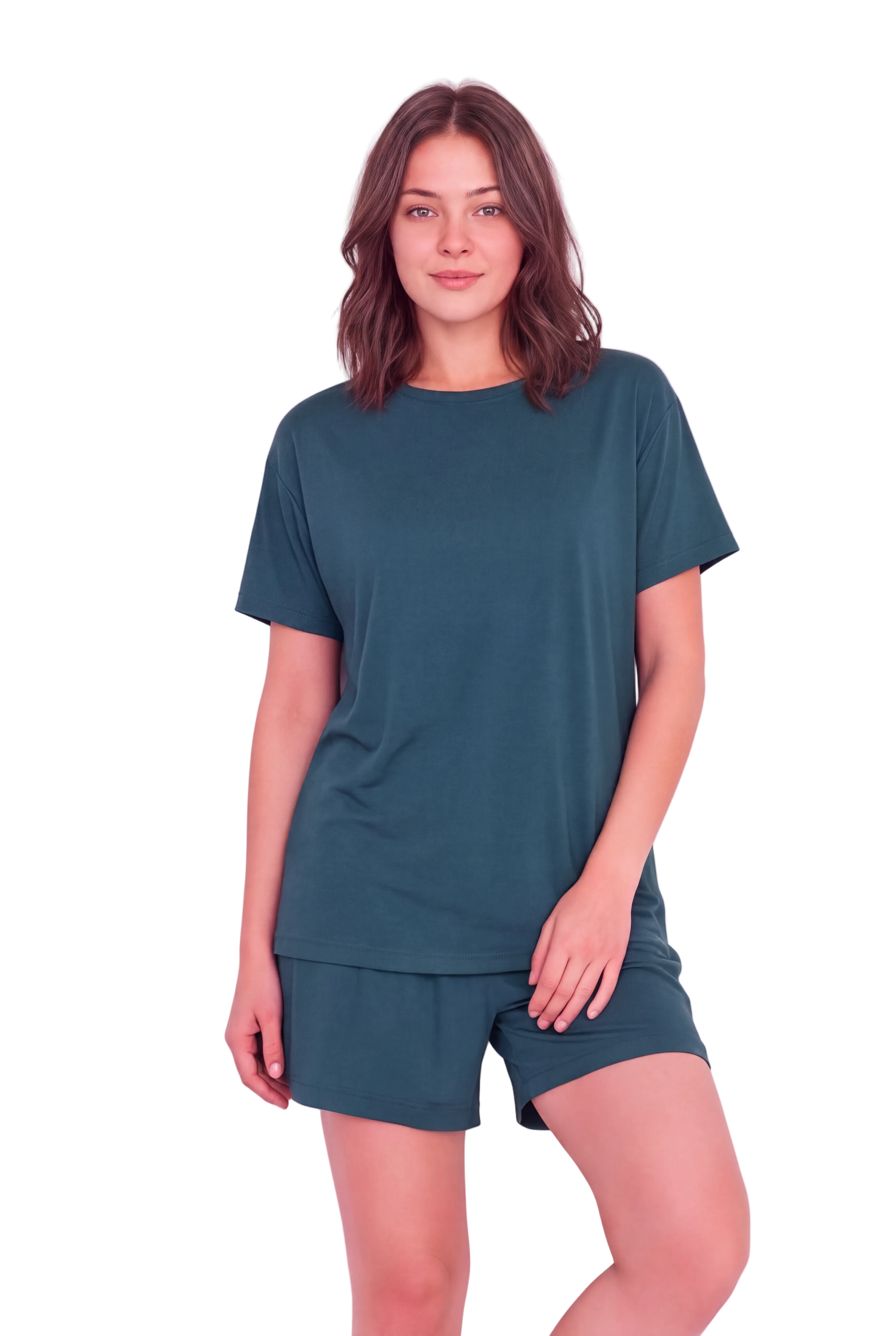 A woman modeling a matching two-piece lounge set consisting of a short-sleeve crewneck t-shirt and coordinating shorts in a muted teal green color, set against a solid pale pink background.