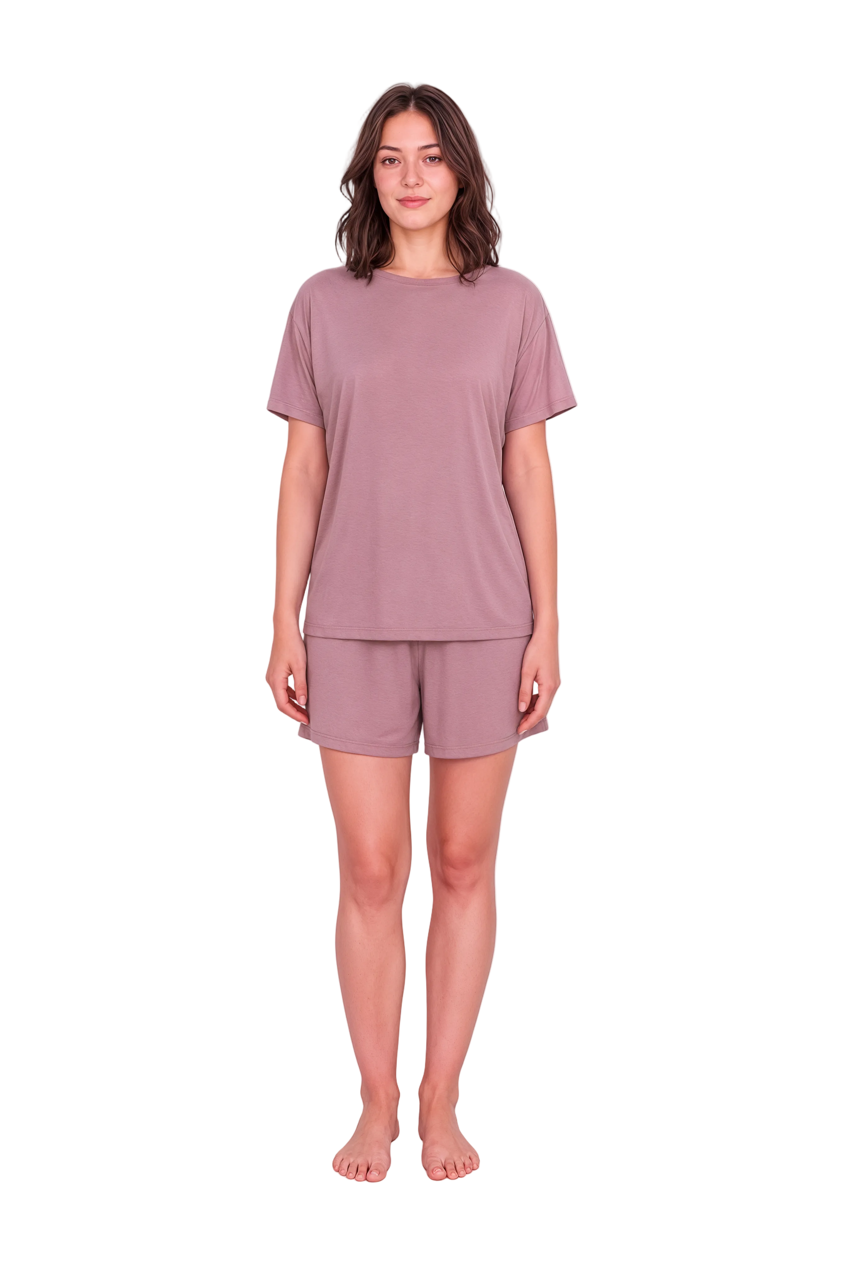 A woman modeling a matching two-piece lounge set consisting of a short-sleeve crewneck t-shirt and matching shorts in a dusty mauve color, shot against a solid white background.